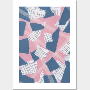 Line and Rough Sides - Pink, Blue, White - Abstract Mixed Torn Paper Collage Posters and Art